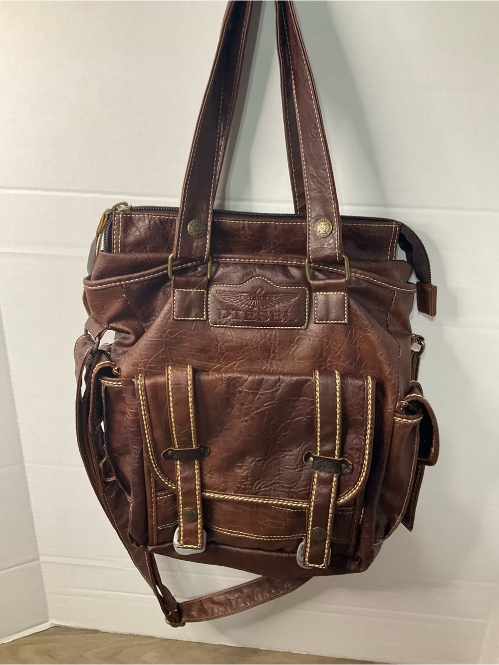 Diesel Brown Leather Messenger Tote with Front Buckle Pockets